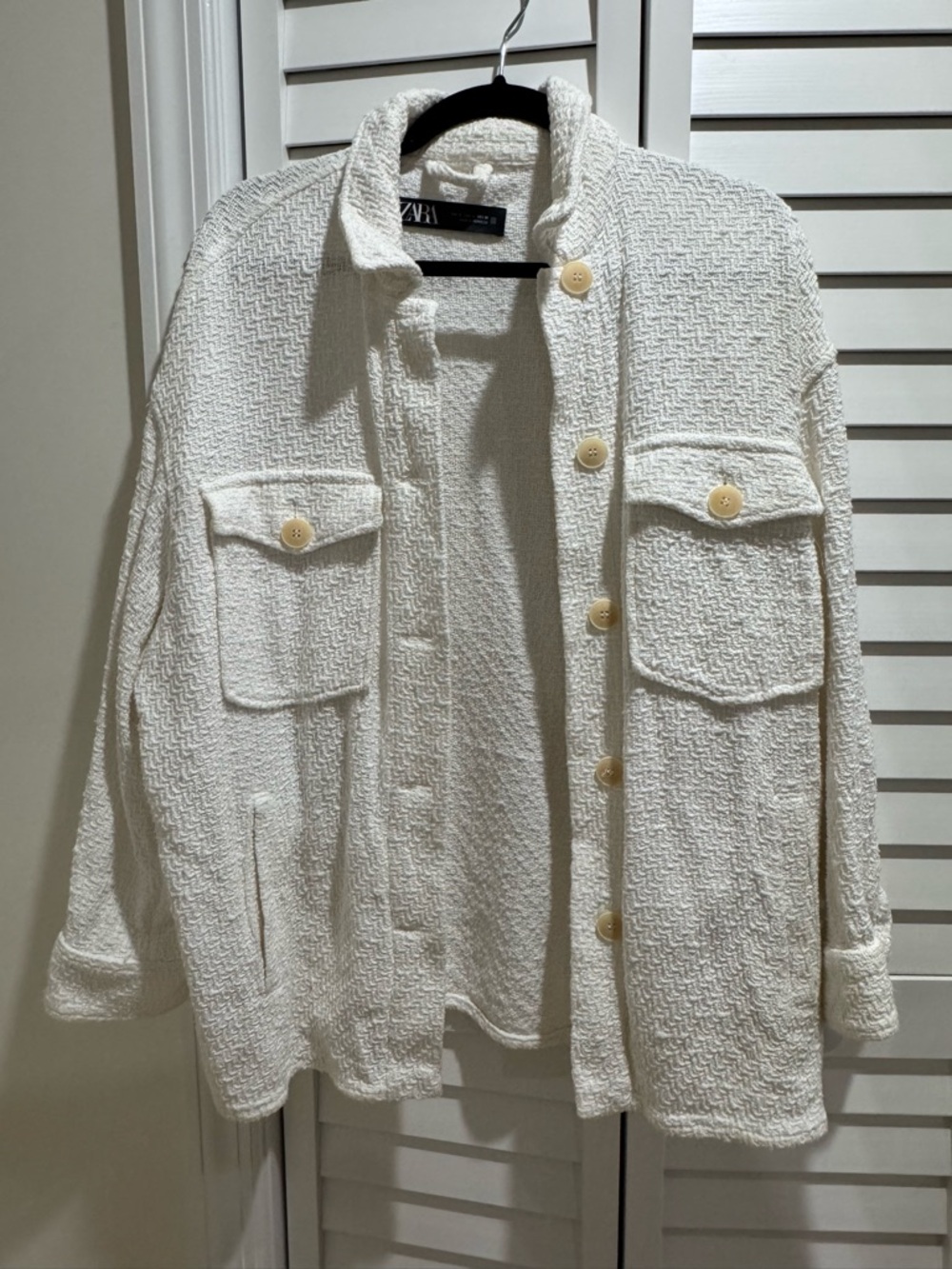 Zara White Textured Collar Shirt Jacket